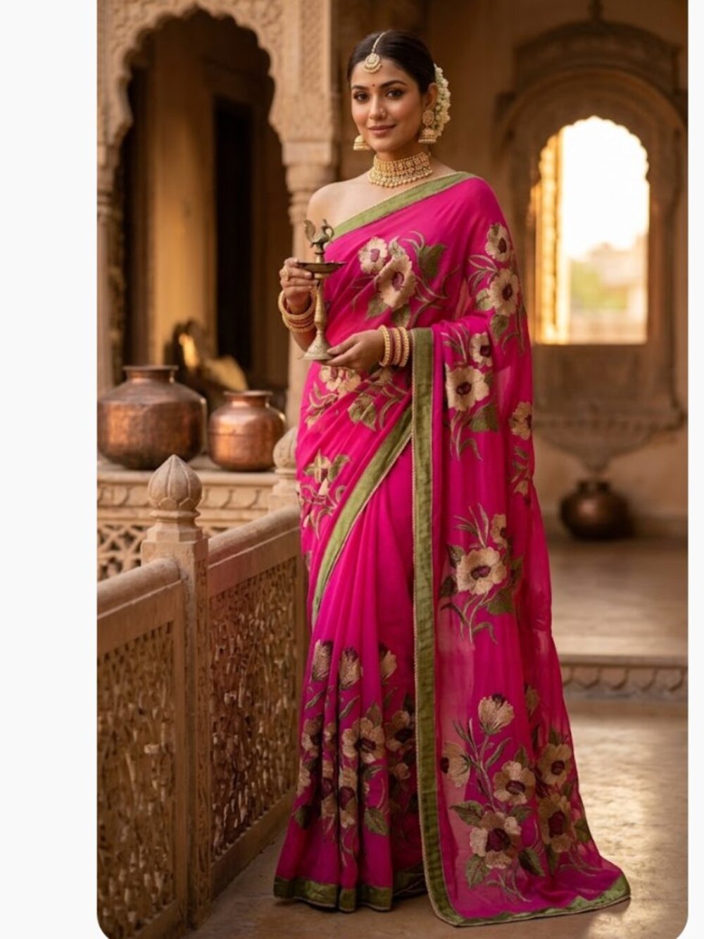 NEW Magenta Pink Floral Embroidered Saree Gold Green Border Traditional Indian